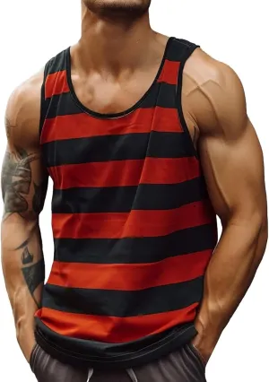Men's Sleeveless Tank Top Stylish Color Stripes Scoop Neck Summer Beach Vest Muscle Fit Workout Gym Undershirts Tees