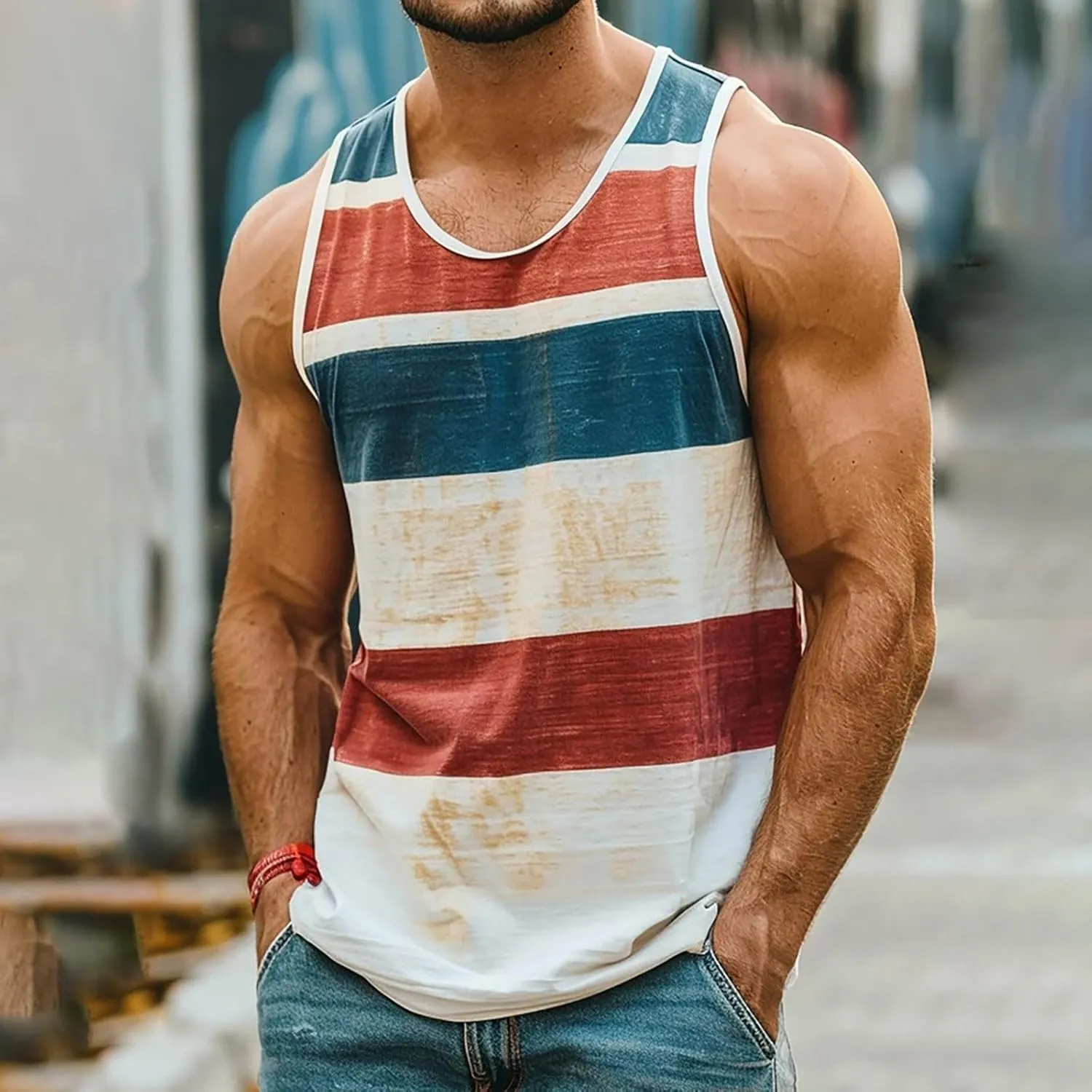 Men's Sleeveless Tank Top Stylish Color Stripes Scoop Neck Summer Beach Vest Muscle Fit Workout Gym Undershirts Tees