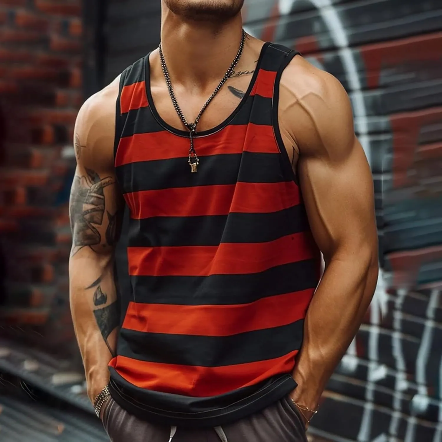 Men's Sleeveless Tank Top Stylish Color Stripes Scoop Neck Summer Beach Vest Muscle Fit Workout Gym Undershirts Tees