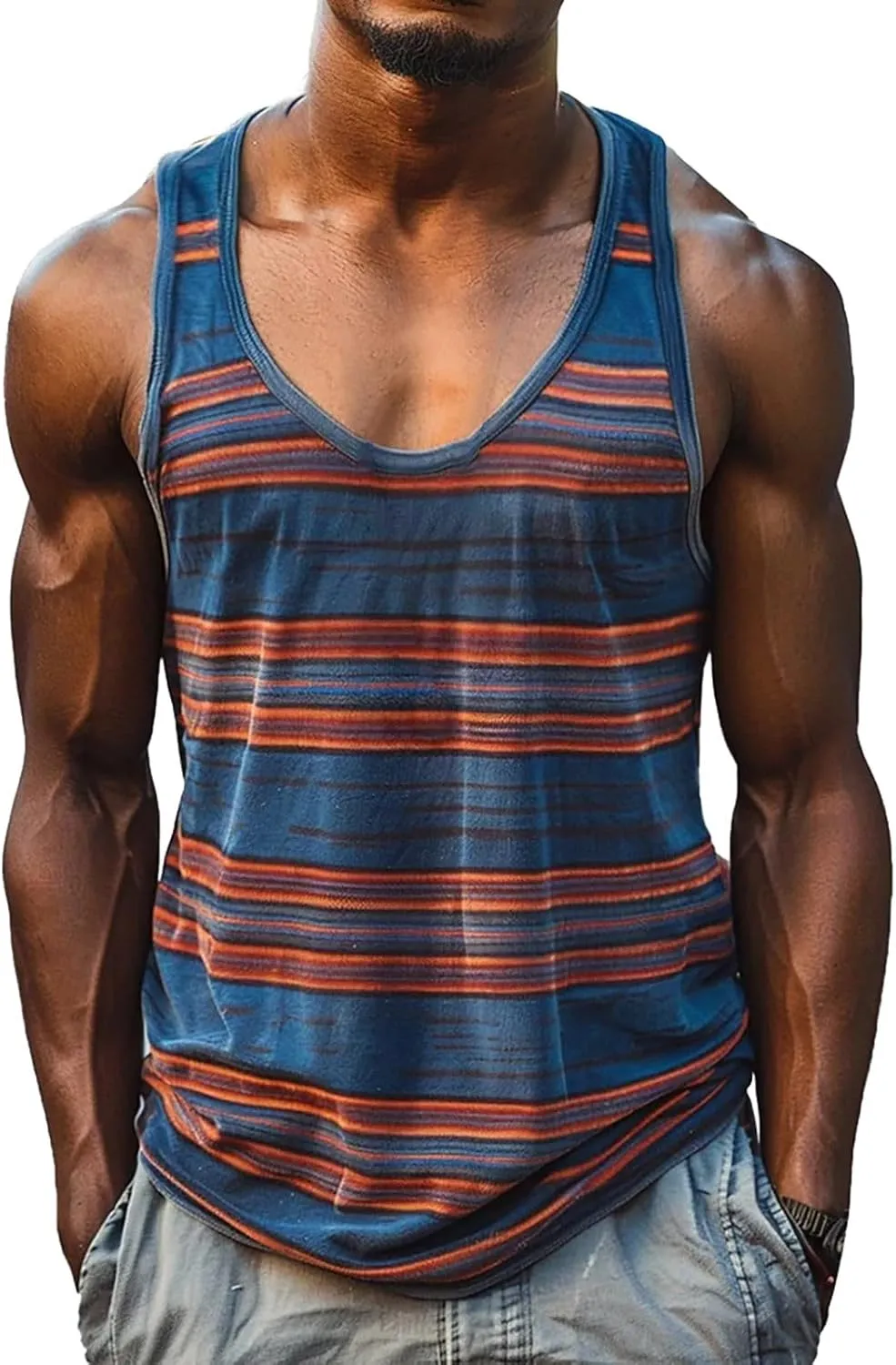 Men's Sleeveless Tank Top Stylish Color Stripes Scoop Neck Summer Beach Vest Muscle Fit Workout Gym Undershirts Tees