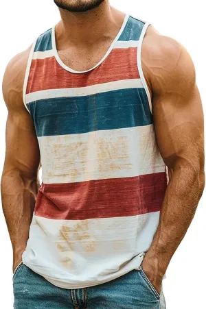 Men's Sleeveless Tank Top Stylish Color Stripes Scoop Neck Summer Beach Vest Muscle Fit Workout Gym Undershirts Tees