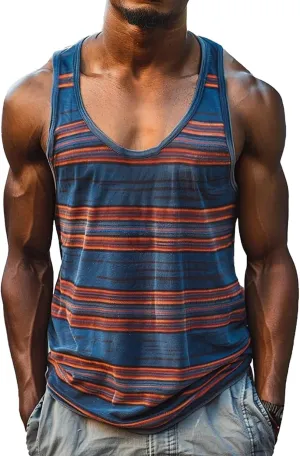 Men's Sleeveless Tank Top Stylish Color Stripes Scoop Neck Summer Beach Vest Muscle Fit Workout Gym Undershirts Tees