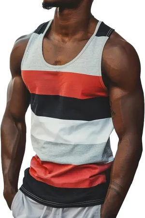 Men's Sleeveless Tank Top Stylish Color Stripes Scoop Neck Summer Beach Vest Muscle Fit Workout Gym Undershirts Tees