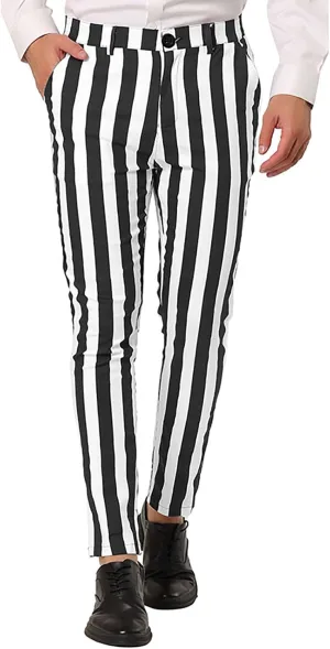 Mens Striped Business Dress Pants Slim Fit Flat Front Straight Leg Chinos Pants Lightweight Stretch Golf Pencil Pant