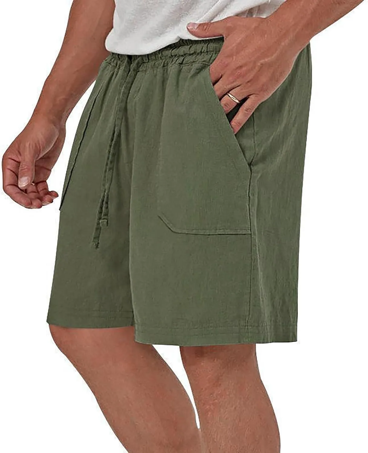 Mens Summer Cotton Linen Shorts Casual Lightweight Elastic Waist Boardshorts Front Pockets Plain Chino Pants Beachwear