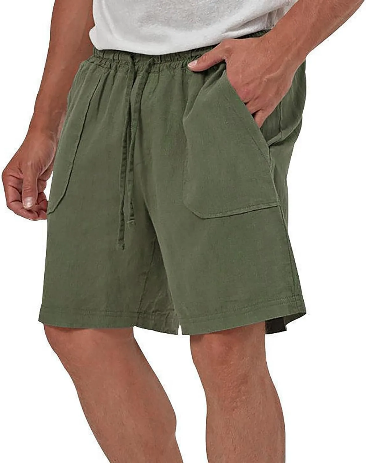 Mens Summer Cotton Linen Shorts Casual Lightweight Elastic Waist Boardshorts Front Pockets Plain Chino Pants Beachwear
