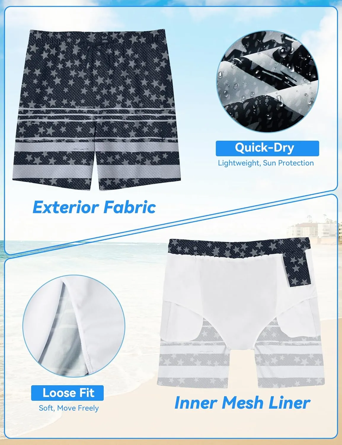 Mens Swim Trunks 8 inch Inseam Mesh Liner Quick-Dry Lightweight 4-Way Stretch Bathing Suit Swimming Trunks for Men UPF 50 