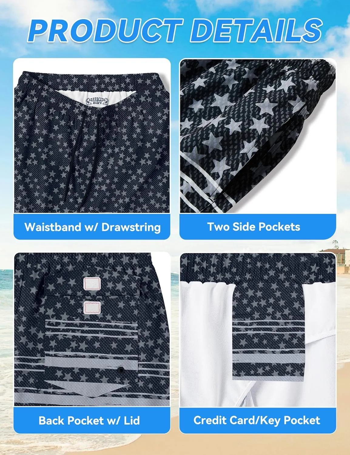 Mens Swim Trunks 8 inch Inseam Mesh Liner Quick-Dry Lightweight 4-Way Stretch Bathing Suit Swimming Trunks for Men UPF 50 