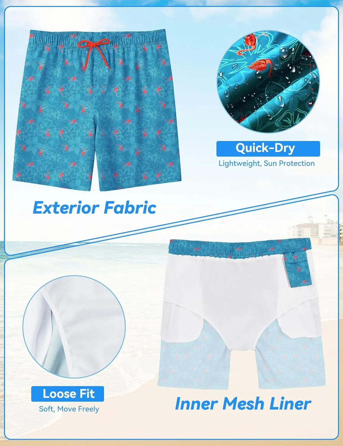 Mens Swim Trunks 8 inch Inseam Mesh Liner Quick-Dry Lightweight 4-Way Stretch Bathing Suit Swimming Trunks for Men UPF 50 