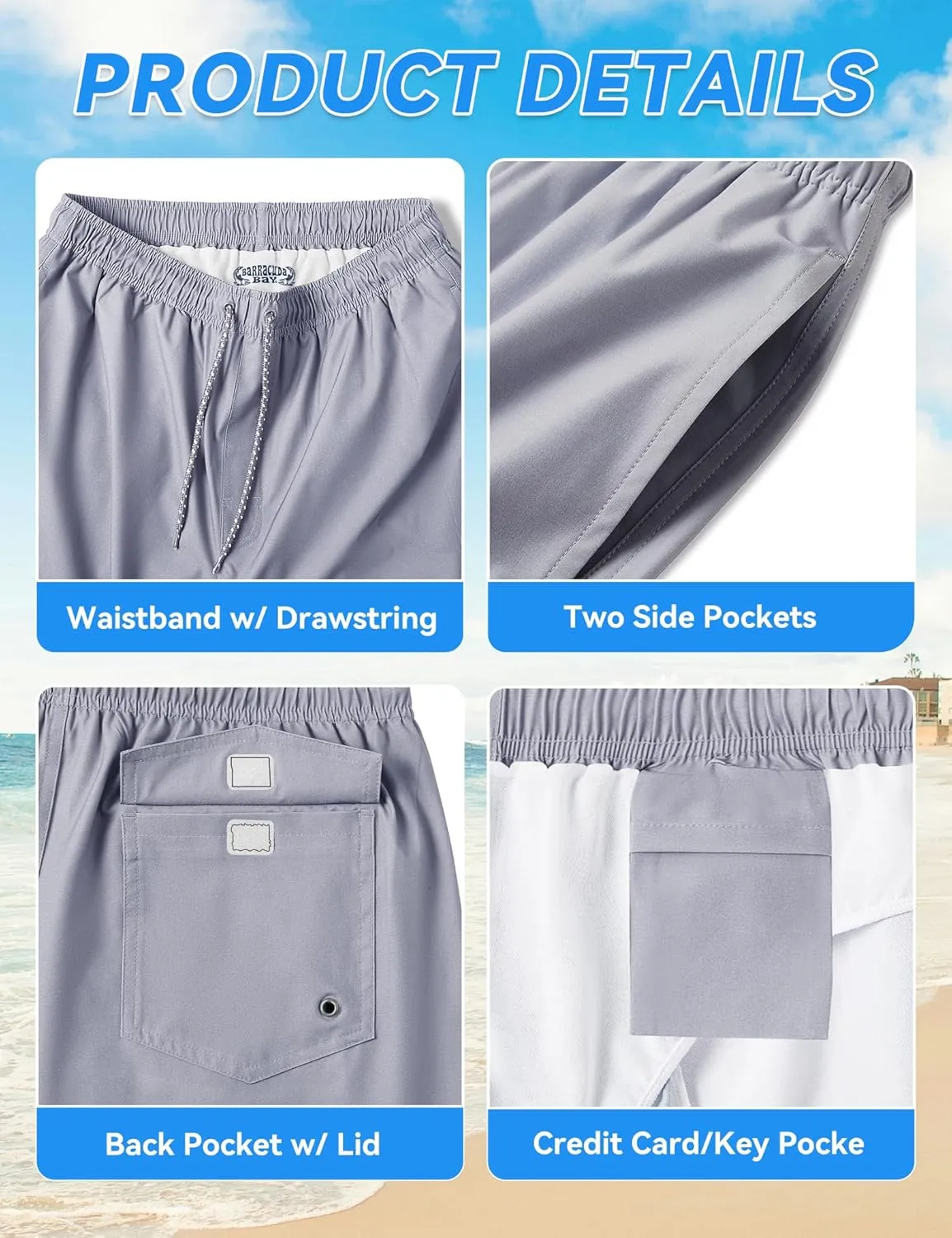 Mens Swim Trunks 8 inch Inseam Mesh Liner Quick-Dry Lightweight 4-Way Stretch Bathing Suit Swimming Trunks for Men UPF 50 