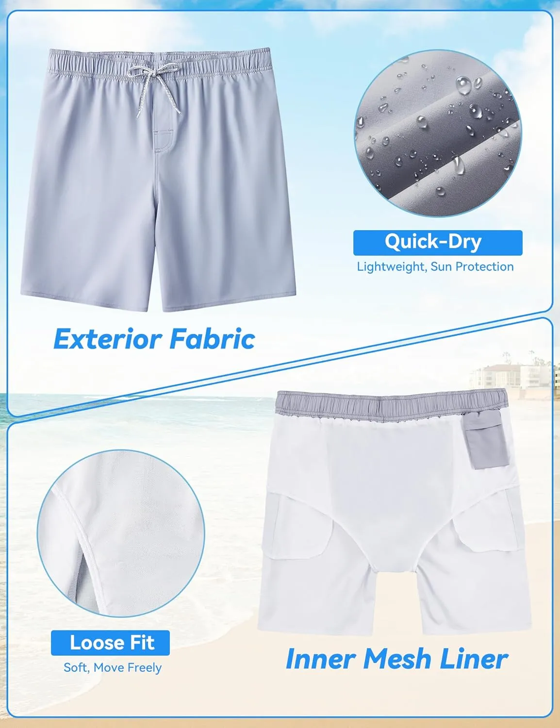Mens Swim Trunks 8 inch Inseam Mesh Liner Quick-Dry Lightweight 4-Way Stretch Bathing Suit Swimming Trunks for Men UPF 50 