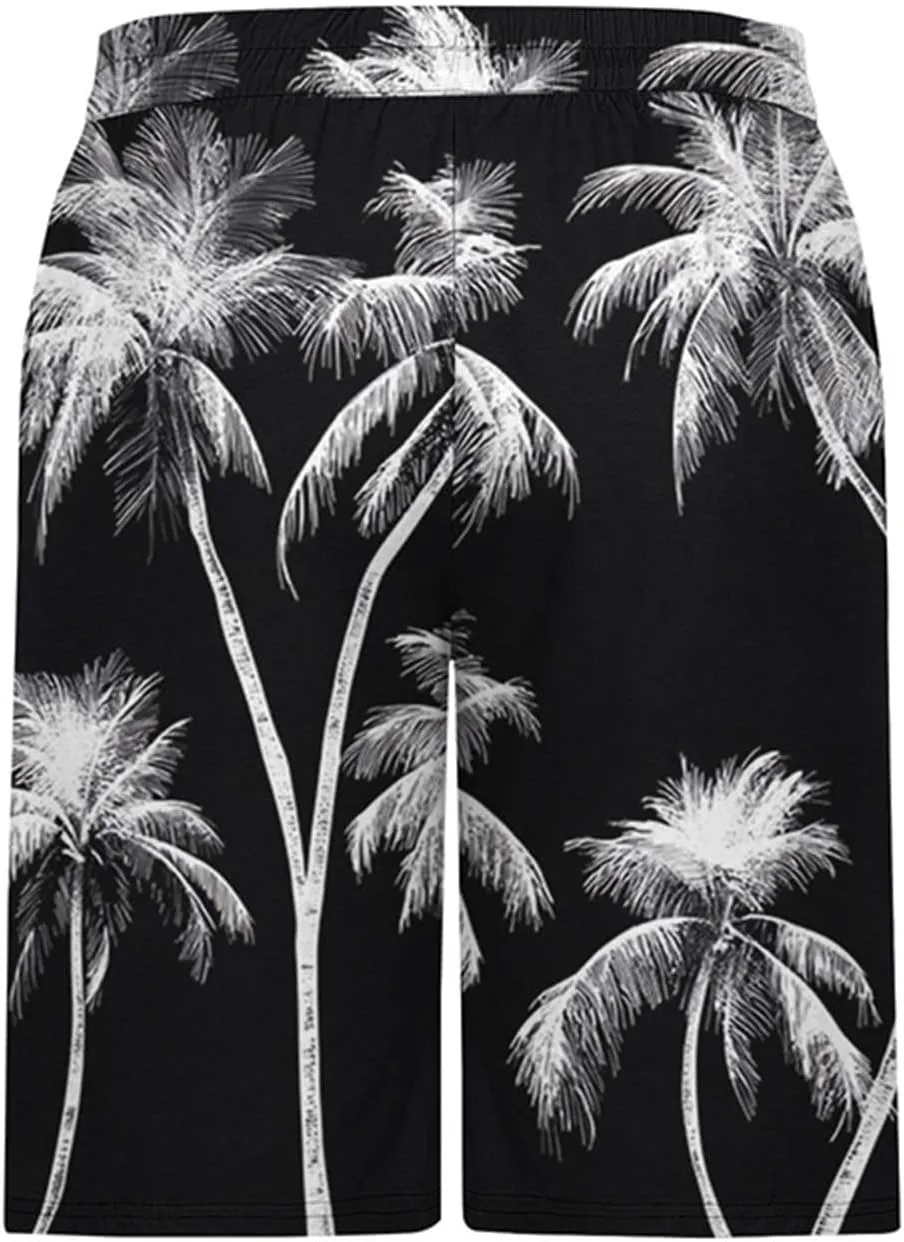 Mens Swim Trunks Hawaiian Print Drawstring Beach Shorts for Men Stretch Quick Dry Summer Swim Shorts with Pockets