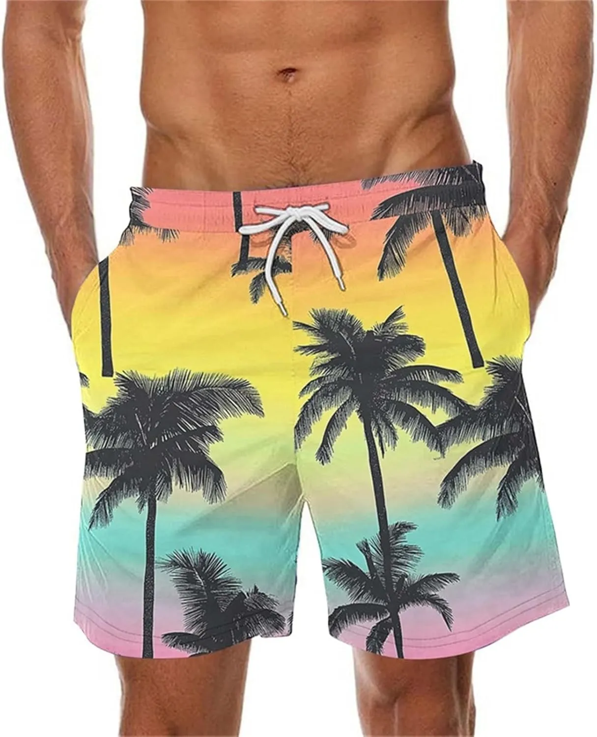 Mens Swim Trunks Hawaiian Print Drawstring Beach Shorts for Men Stretch Quick Dry Summer Swim Shorts with Pockets