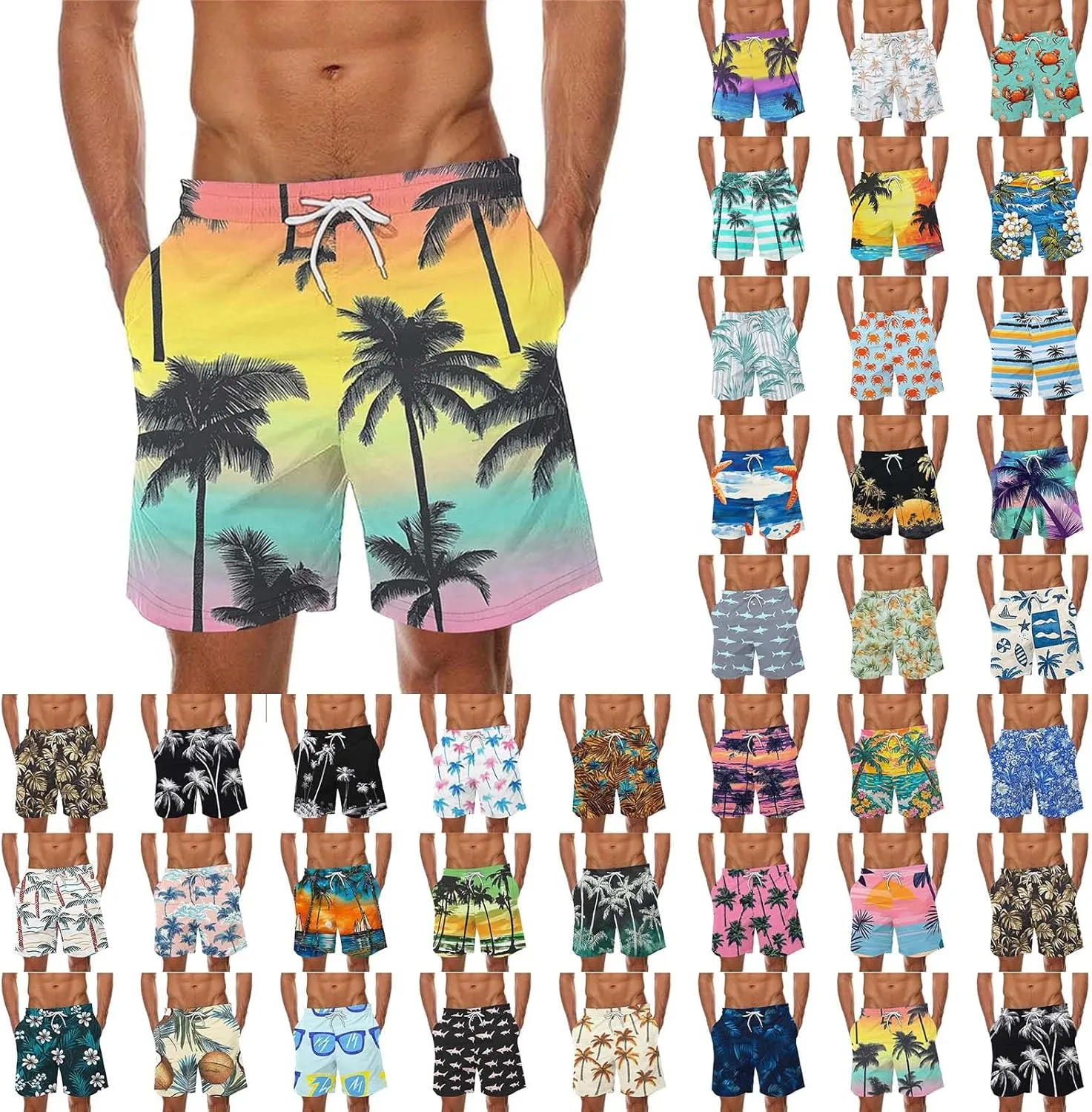 Mens Swim Trunks Hawaiian Print Drawstring Beach Shorts for Men Stretch Quick Dry Summer Swim Shorts with Pockets