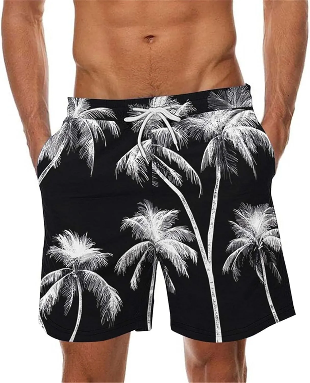 Mens Swim Trunks Hawaiian Print Drawstring Beach Shorts for Men Stretch Quick Dry Summer Swim Shorts with Pockets