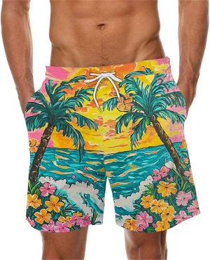 Mens Swim Trunks Hawaiian Print Drawstring Beach Shorts for Men Stretch Quick Dry Summer Swim Shorts with Pockets