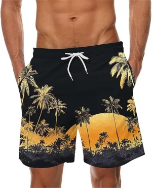 Mens Swim Trunks Hawaiian Print Drawstring Beach Shorts for Men Stretch Quick Dry Summer Swim Shorts with Pockets