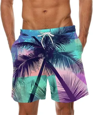 Mens Swim Trunks Hawaiian Print Drawstring Beach Shorts for Men Stretch Quick Dry Summer Swim Shorts with Pockets