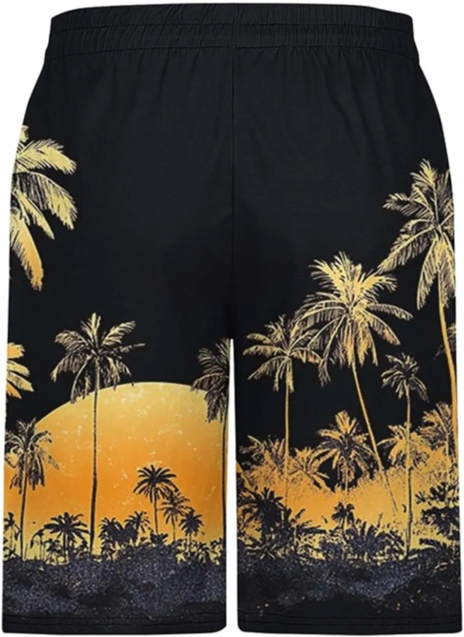 Mens Swim Trunks Hawaiian Print Drawstring Beach Shorts for Men Stretch Quick Dry Summer Swim Shorts with Pockets