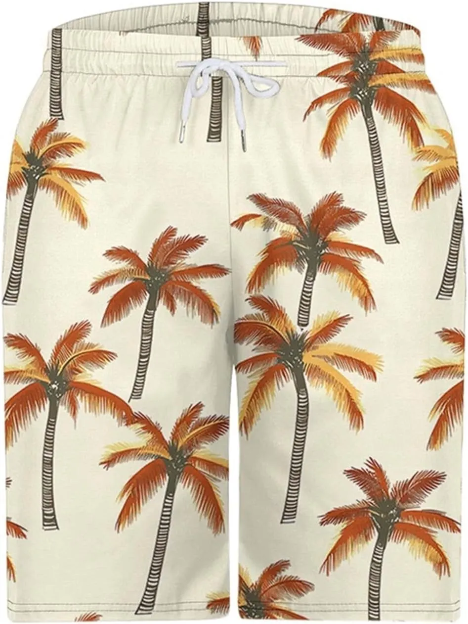 Mens Swim Trunks Hawaiian Print Drawstring Beach Shorts for Men Stretch Quick Dry Summer Swim Shorts with Pockets