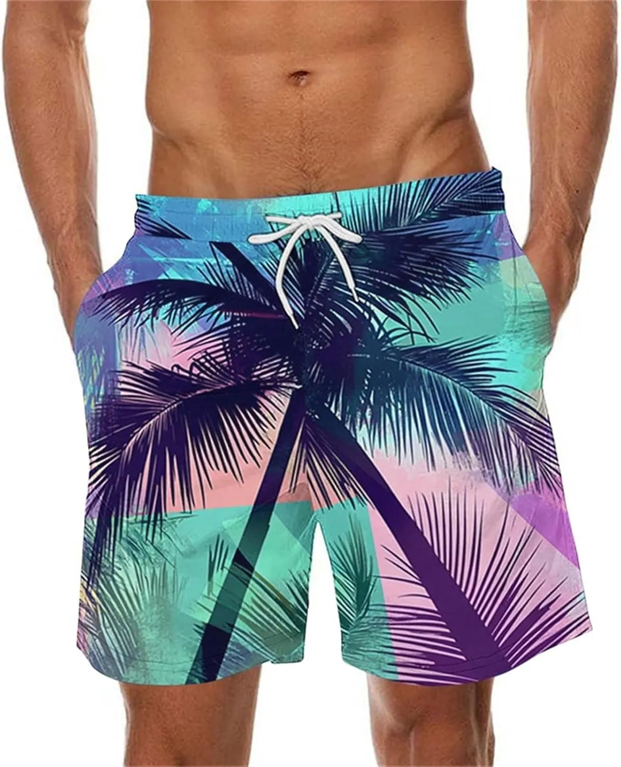 Mens Swim Trunks Hawaiian Print Drawstring Beach Shorts for Men Stretch Quick Dry Summer Swim Shorts with Pockets