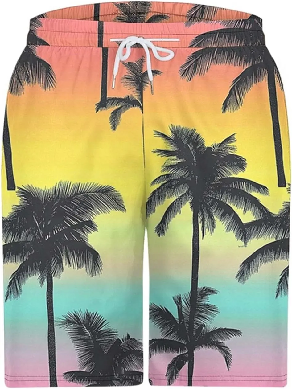 Mens Swim Trunks Hawaiian Print Drawstring Beach Shorts for Men Stretch Quick Dry Summer Swim Shorts with Pockets
