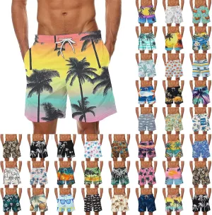 Mens Swim Trunks Hawaiian Print Drawstring Beach Shorts for Men Stretch Quick Dry Summer Swim Shorts with Pockets