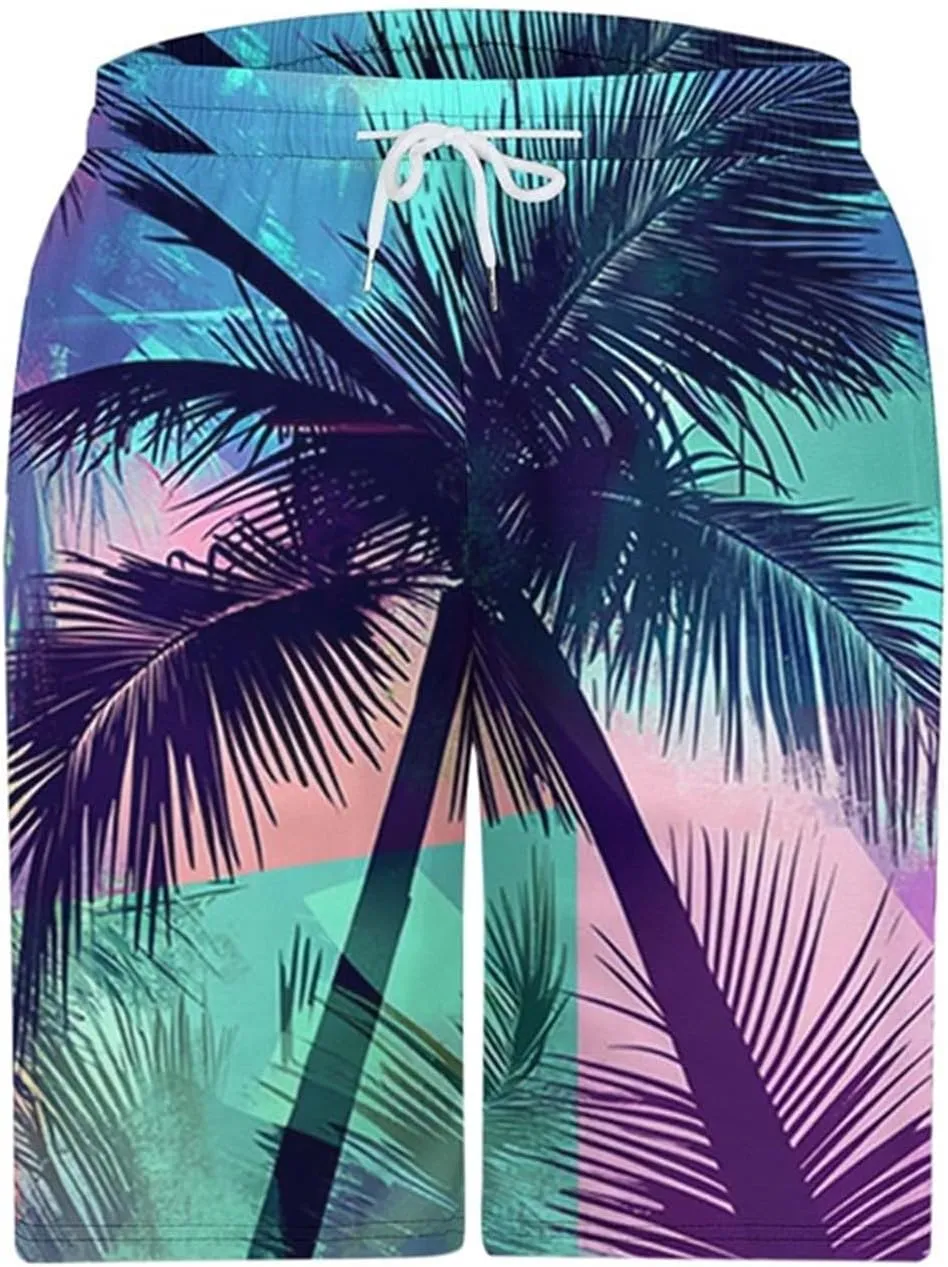 Mens Swim Trunks Hawaiian Print Drawstring Beach Shorts for Men Stretch Quick Dry Summer Swim Shorts with Pockets