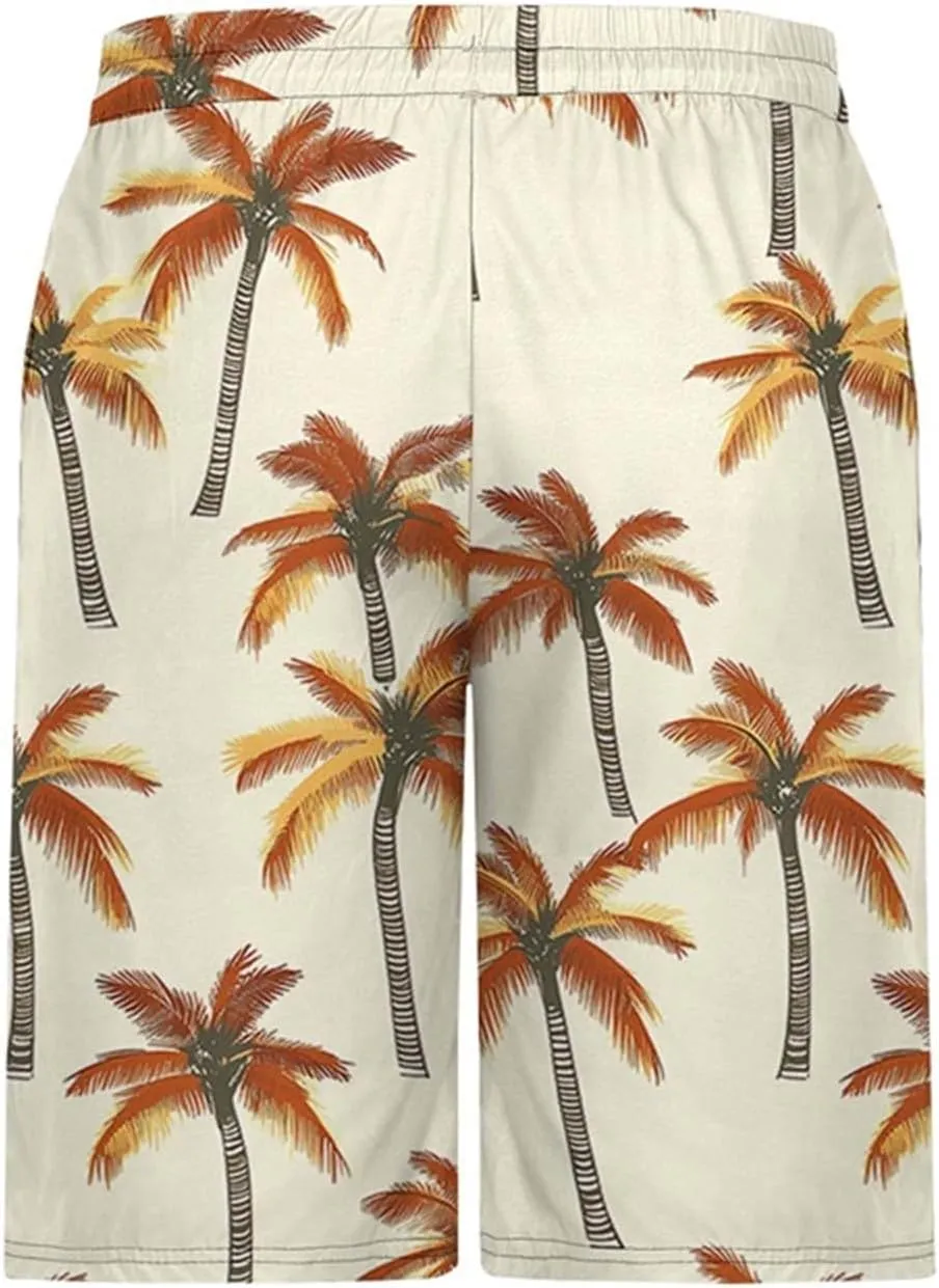 Mens Swim Trunks Hawaiian Print Drawstring Beach Shorts for Men Stretch Quick Dry Summer Swim Shorts with Pockets
