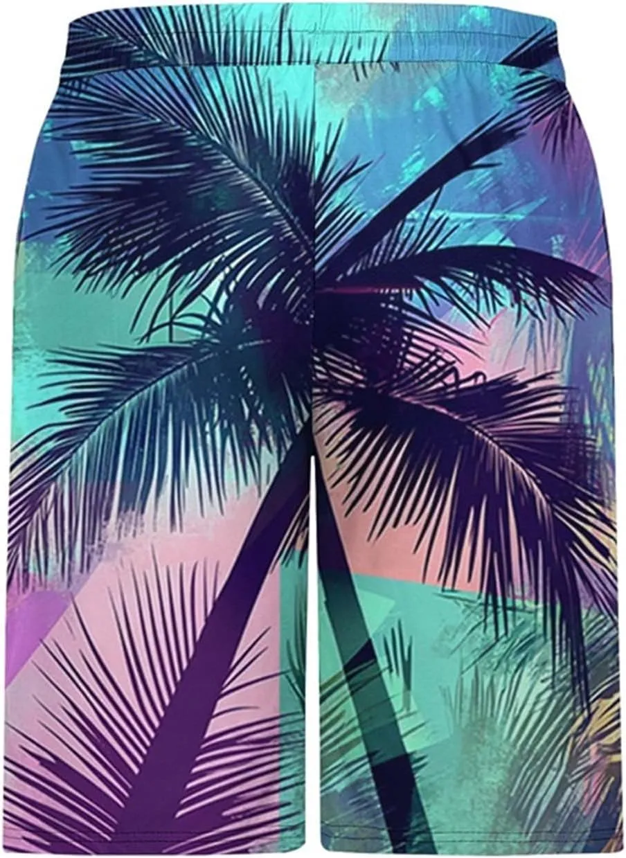 Mens Swim Trunks Hawaiian Print Drawstring Beach Shorts for Men Stretch Quick Dry Summer Swim Shorts with Pockets