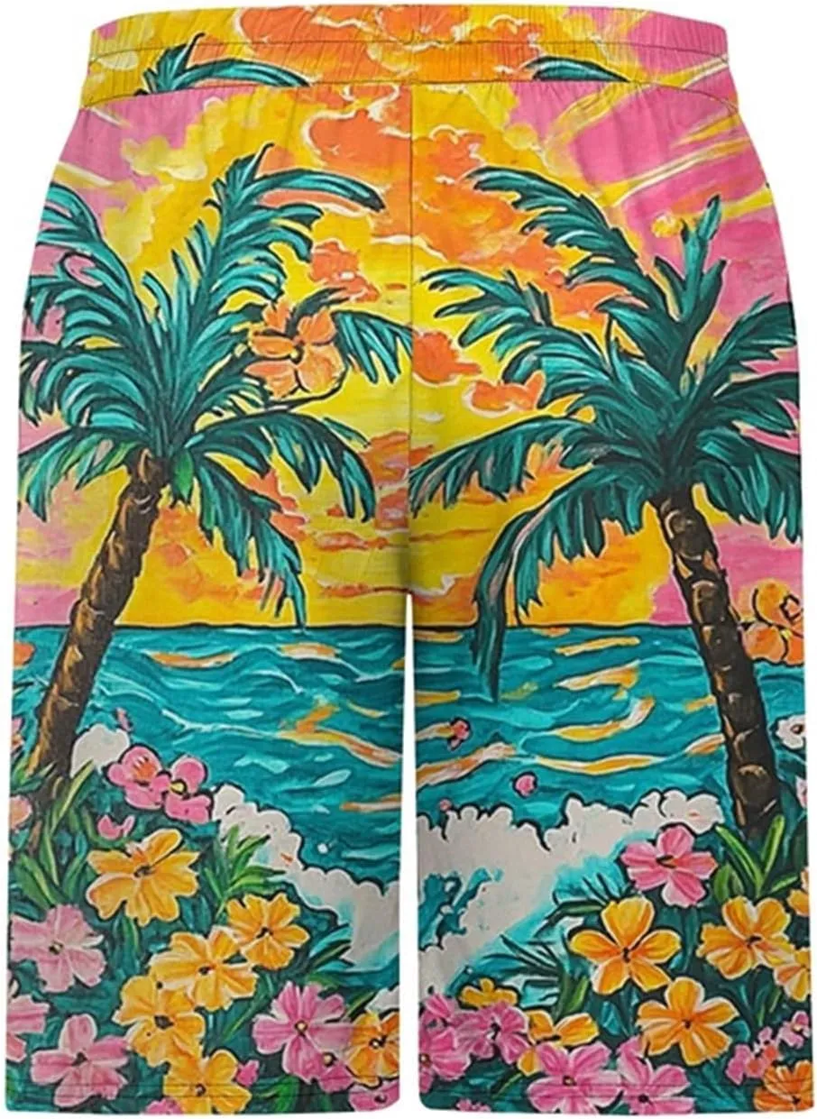 Mens Swim Trunks Hawaiian Print Drawstring Beach Shorts for Men Stretch Quick Dry Summer Swim Shorts with Pockets