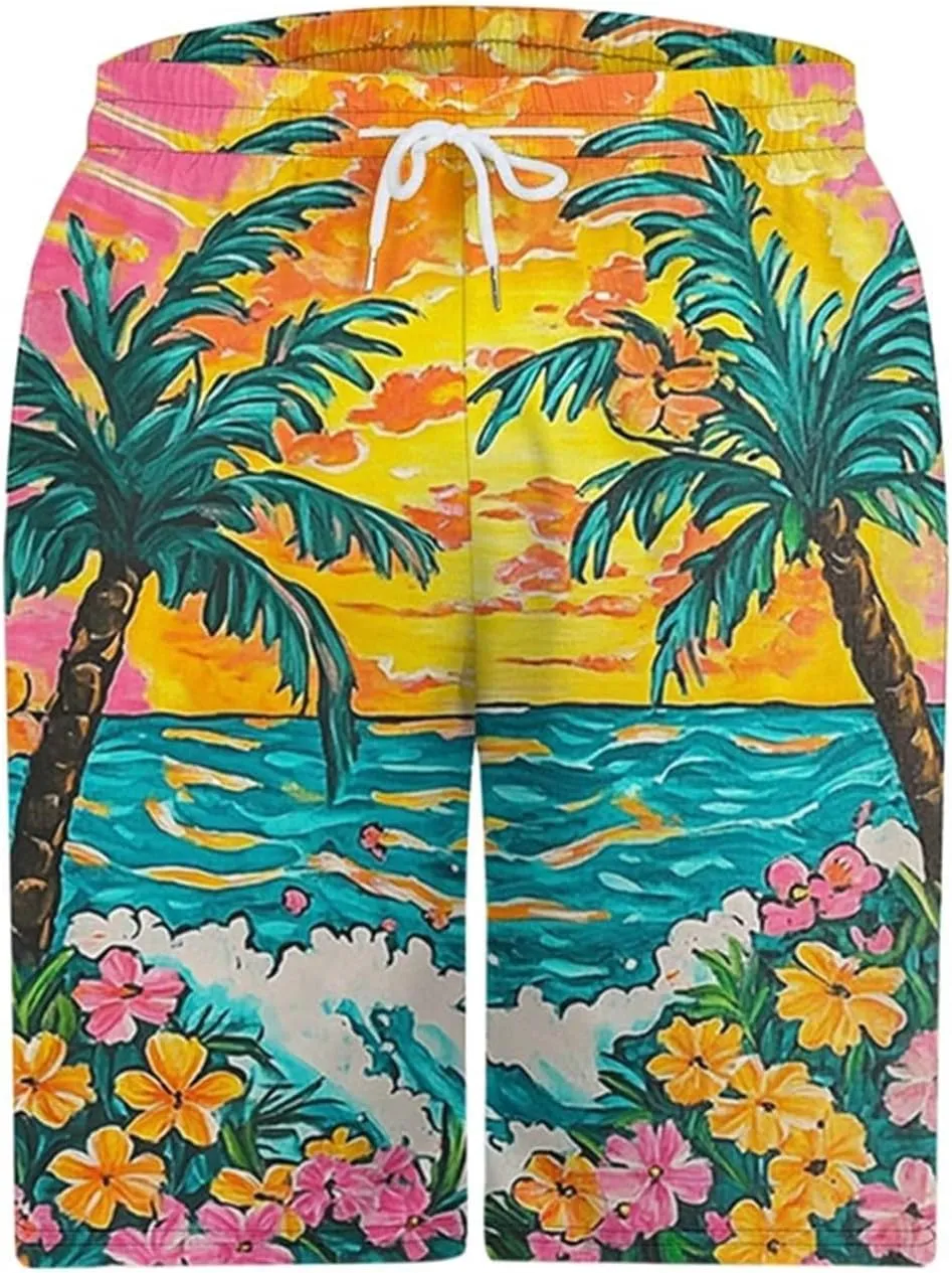 Mens Swim Trunks Hawaiian Print Drawstring Beach Shorts for Men Stretch Quick Dry Summer Swim Shorts with Pockets