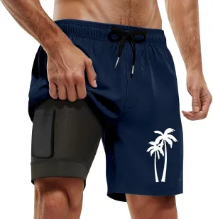Mens Swim Trunks Palm Tree Print Swim Shorts Stretch with Mesh Vintage 80s 90s Quick Dry Swimsuits Board Shorts