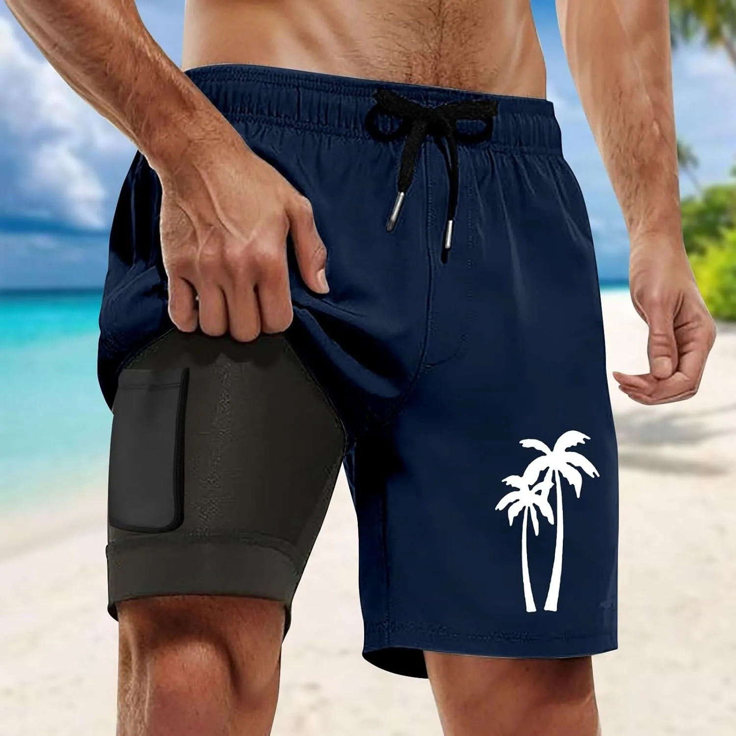 Mens Swim Trunks Palm Tree Print Swim Shorts Stretch with Mesh Vintage 80s 90s Quick Dry Swimsuits Board Shorts