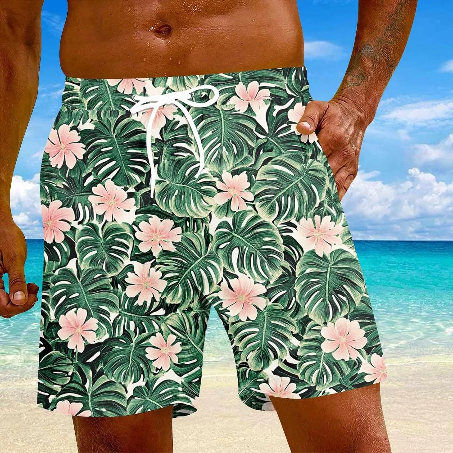 Mens Swim Trunks Quick Dry Hawaiian Board Shorts Stretch Bathing Suit Swimsuits with Pockets