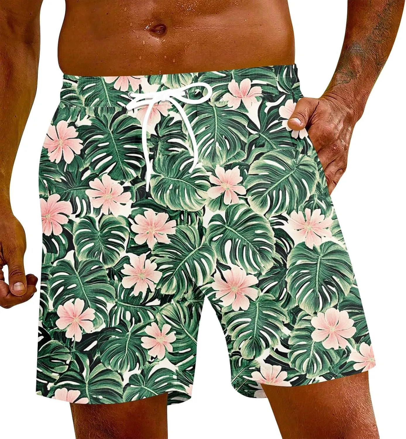 Mens Swim Trunks Quick Dry Hawaiian Board Shorts Stretch Bathing Suit Swimsuits with Pockets