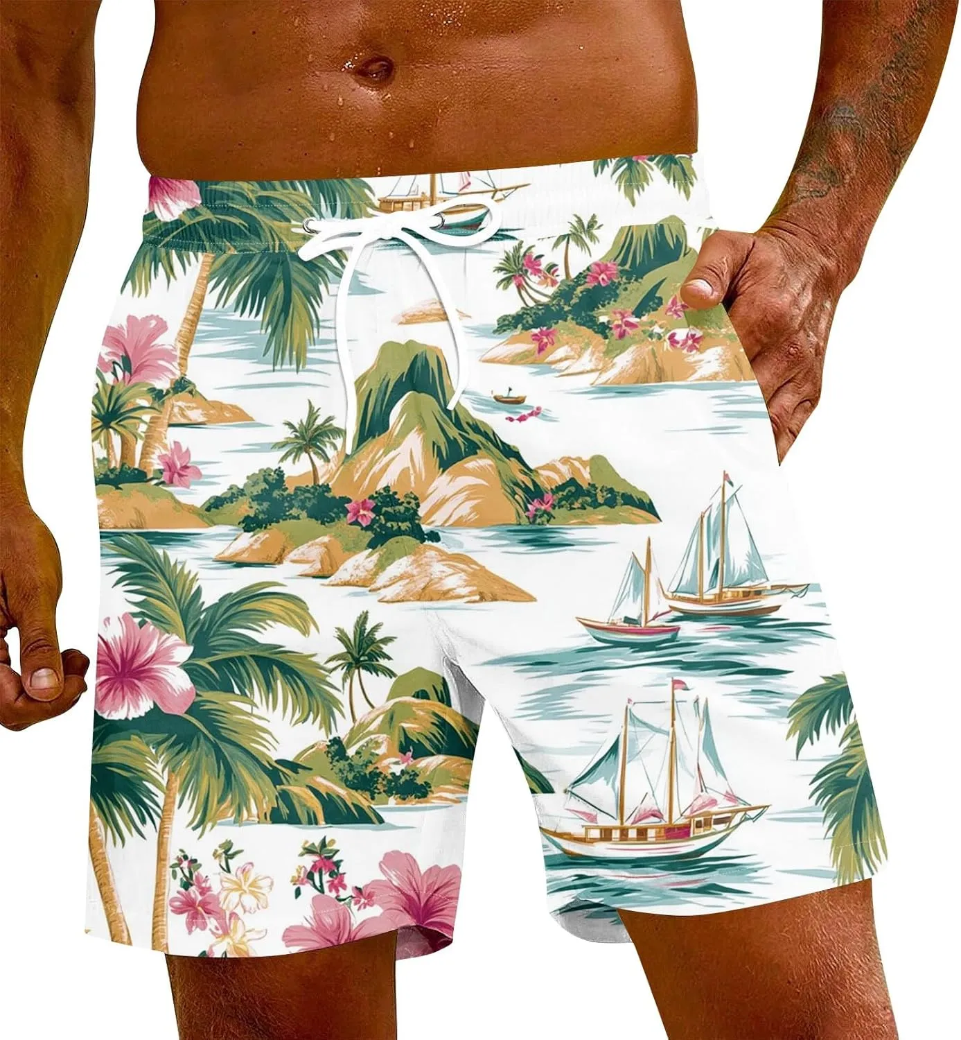 Mens Swim Trunks Quick Dry Hawaiian Board Shorts Stretch Bathing Suit Swimsuits with Pockets