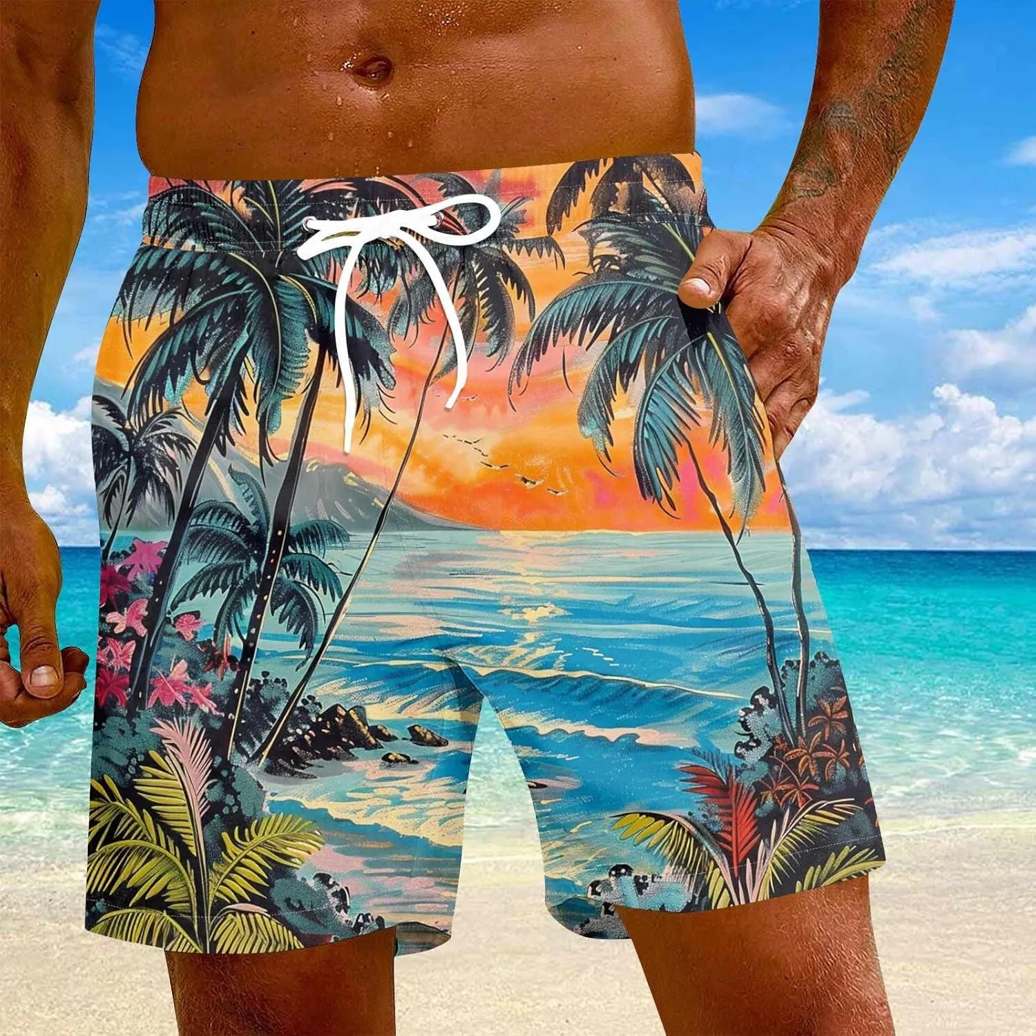 Mens Swim Trunks Quick Dry Hawaiian Board Shorts Stretch Bathing Suit Swimsuits with Pockets