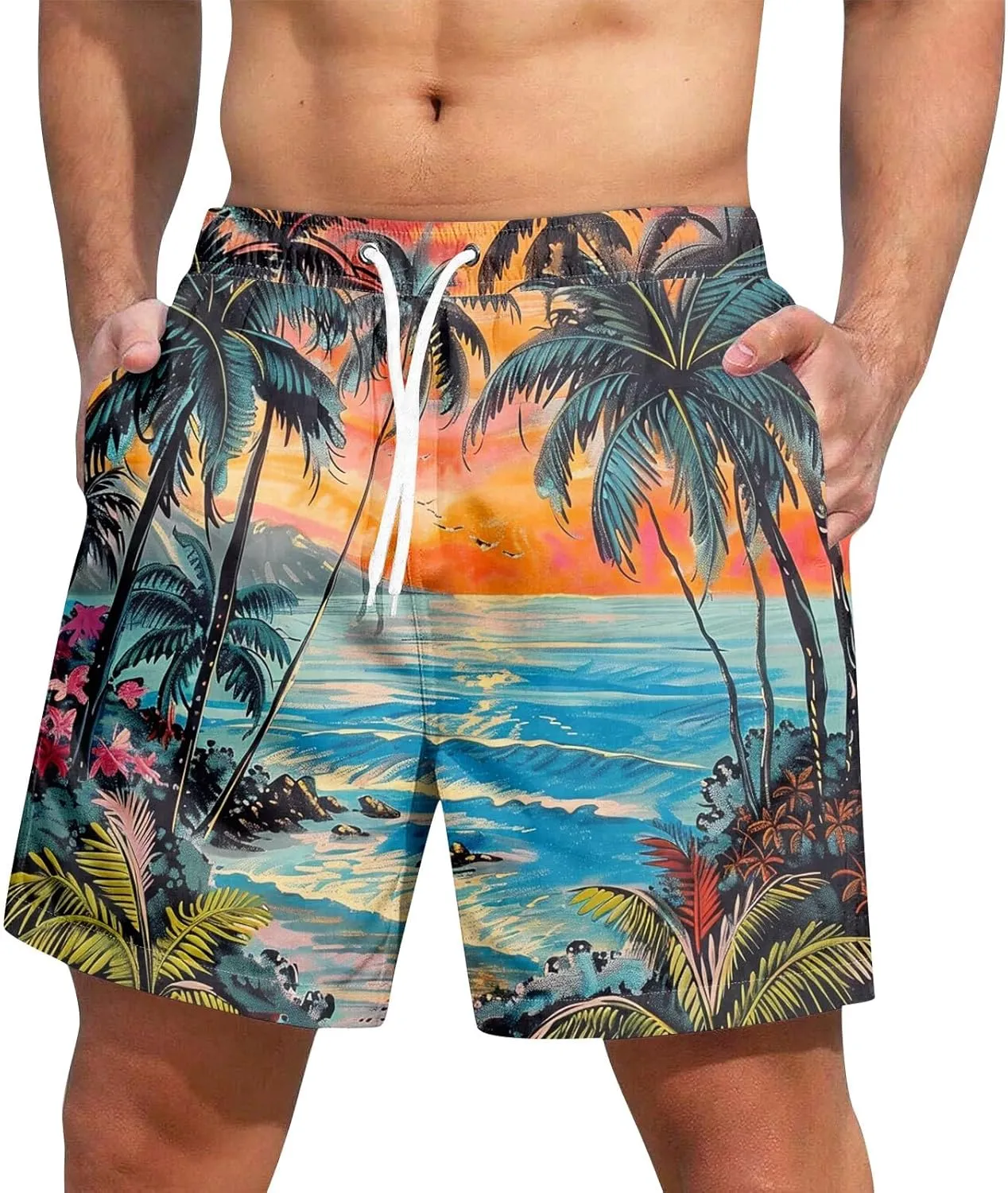 Mens Swim Trunks Quick Dry Hawaiian Board Shorts Stretch Bathing Suit Swimsuits with Pockets