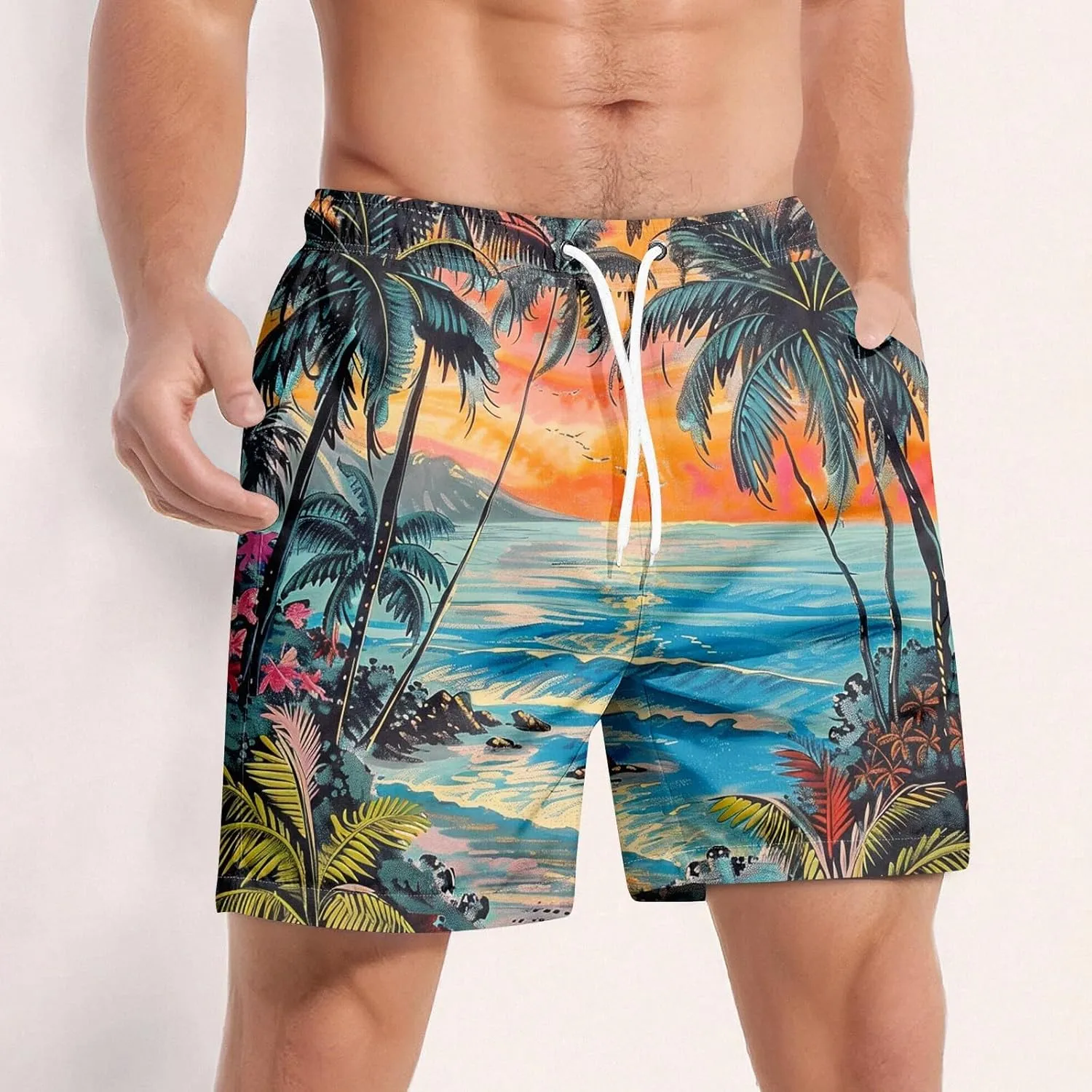 Mens Swim Trunks Quick Dry Hawaiian Board Shorts Stretch Bathing Suit Swimsuits with Pockets