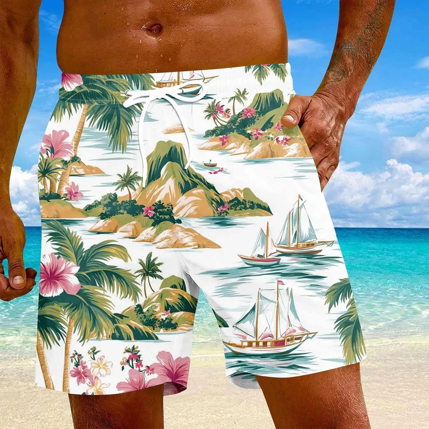 Mens Swim Trunks Quick Dry Hawaiian Board Shorts Stretch Bathing Suit Swimsuits with Pockets