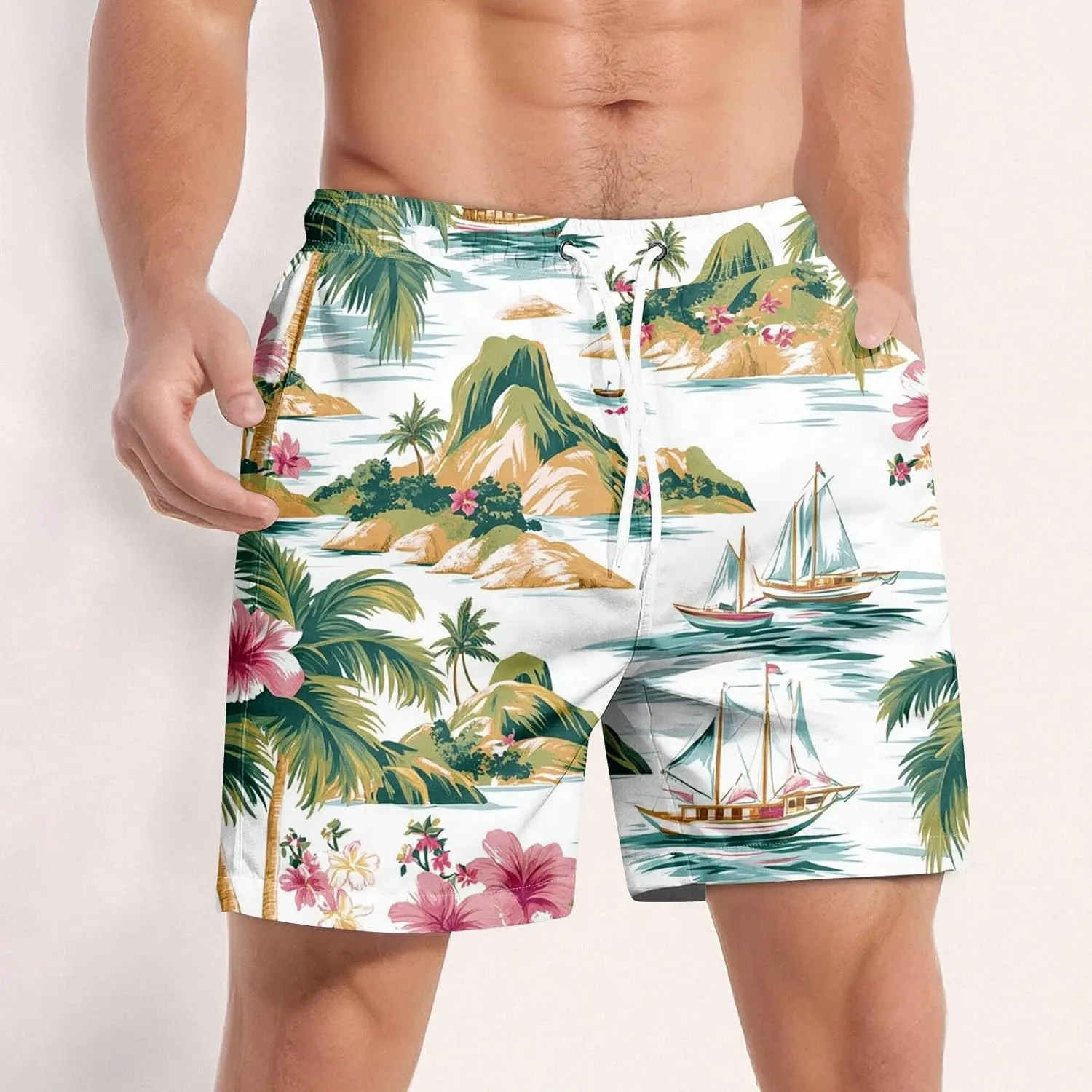 Mens Swim Trunks Quick Dry Hawaiian Board Shorts Stretch Bathing Suit Swimsuits with Pockets