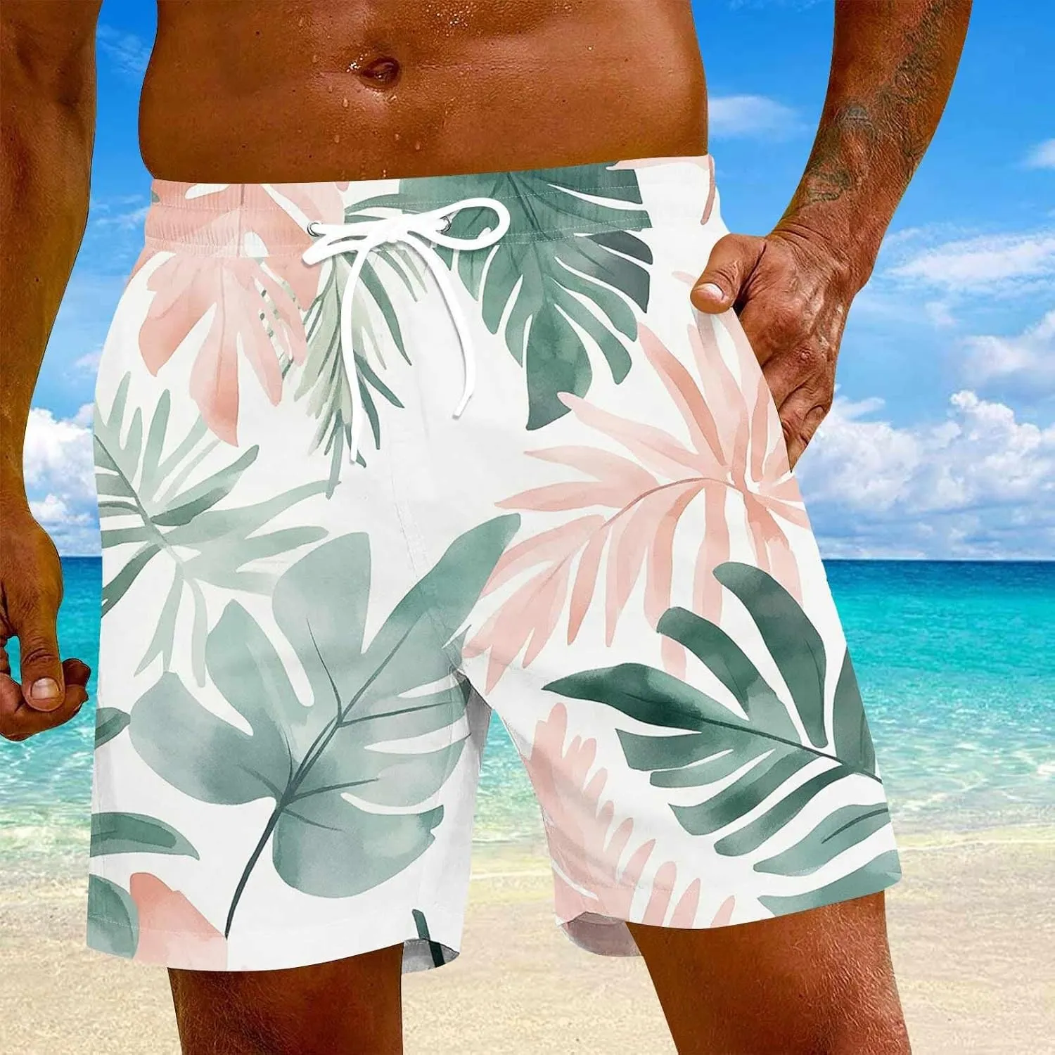 Mens Swim Trunks Quick Dry Hawaiian Board Shorts Stretch Bathing Suit Swimsuits with Pockets