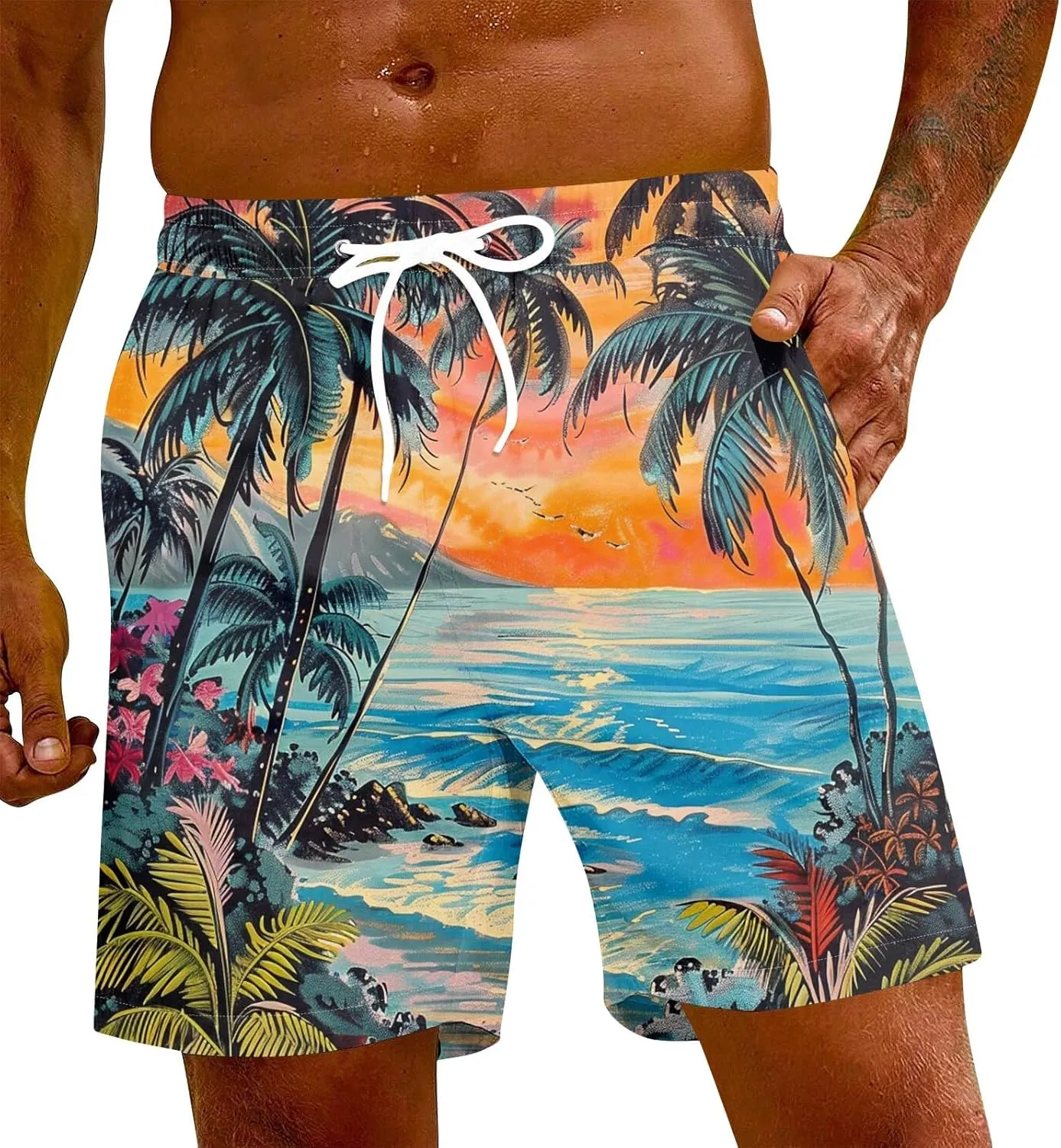 Mens Swim Trunks Quick Dry Hawaiian Board Shorts Stretch Bathing Suit Swimsuits with Pockets