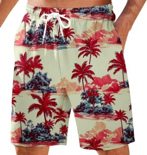 Men's Swim Trunks Quick Dry Shorts Beach Summer Linen Print Elastic Waist Board Outfits Inseam Swimwear Bathing Suit
