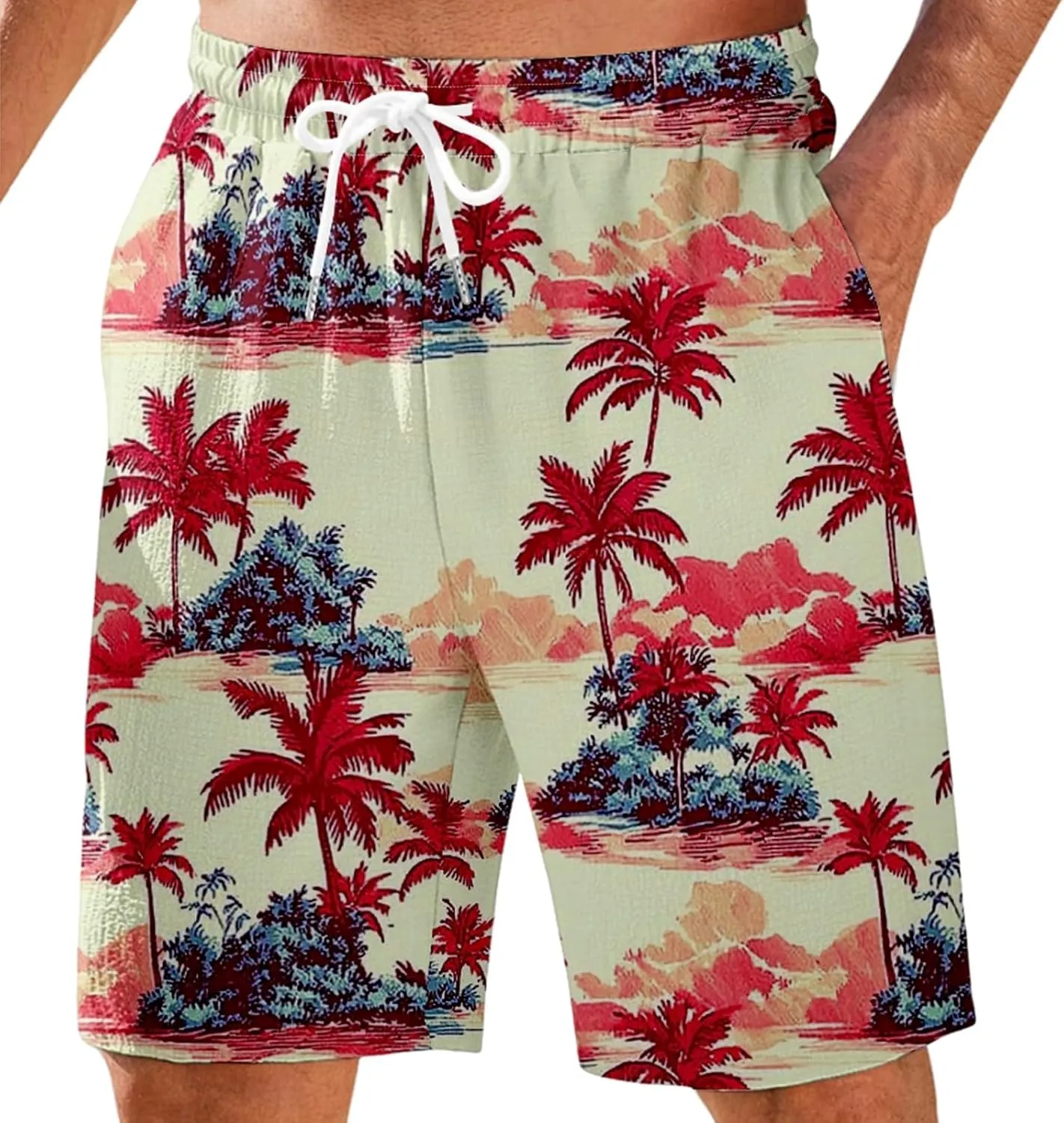 Men's Swim Trunks Quick Dry Shorts Beach Summer Linen Print Elastic Waist Board Outfits Inseam Swimwear Bathing Suit