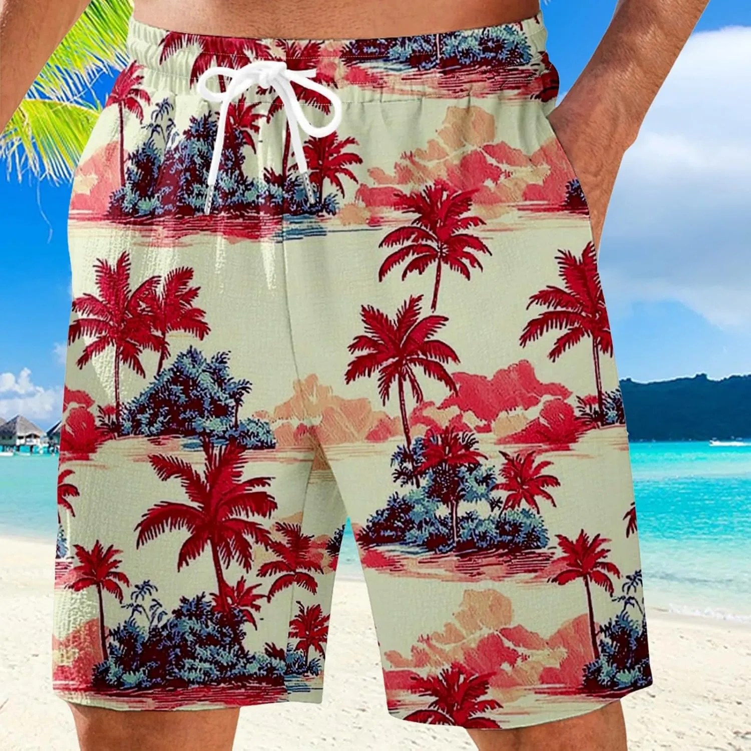 Men's Swim Trunks Quick Dry Shorts Beach Summer Linen Print Elastic Waist Board Outfits Inseam Swimwear Bathing Suit