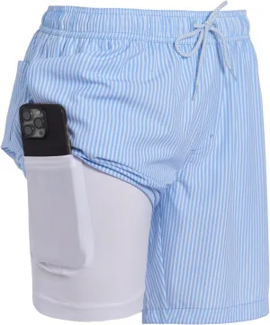 Mens Swim Trunks with Compression Liner Anti Chafing 7 inch Inseam Stretch Quick Dry Swim Shorts with Phone Pocket