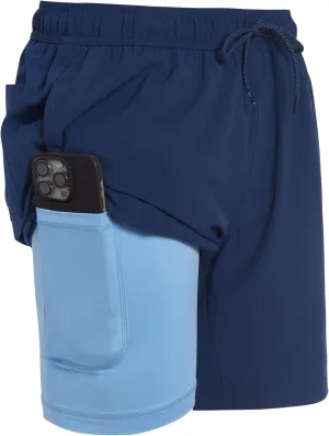 Mens Swim Trunks with Compression Liner Anti Chafing 7 inch Inseam Stretch Quick Dry Swim Shorts with Phone Pocket