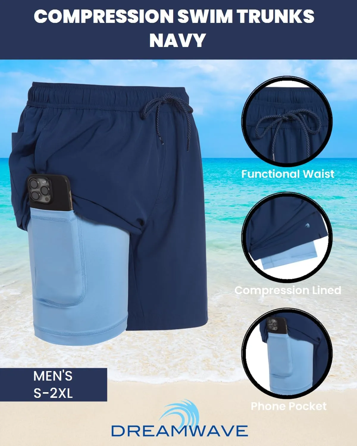 Mens Swim Trunks with Compression Liner Anti Chafing 7 inch Inseam Stretch Quick Dry Swim Shorts with Phone Pocket